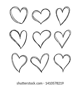 Set of hearts in doodle style. Vector hearts isolated on white background.