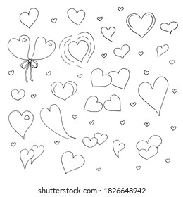 Set of hearts in Doodle style, vector illustration, hand drawing