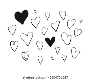 Set of hearts in doodle style. Vector . Isolated. Hand drawn. Elements and figures for decoration and design. Holiday, wedding, birthday. Icons. February 14. Collection.  Silhouette. Flat style.