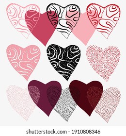 Set of hearts of dots and stripes of pink black red burgundy coral and wine color on a white background. Vintage style isolated vector illustration for postcard email newsletter thematic website icons