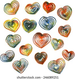 set of hearts drawing by colored pencils, hand drawn vector design elements
