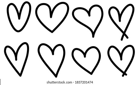 Set of hearts drawn by a brush by hand. For Valentine's Day. Uneven, rough, textured edge. Vector handwritten design elements.