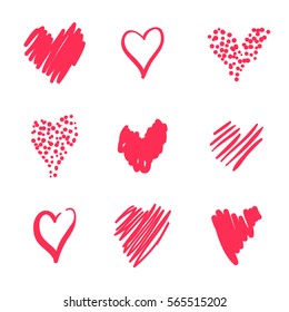 Set hearts drawn by hand in a careless style. Romantic collection. For the holiday of lovers, Valentine's day, wedding invitations, and other. Red hearts on white background.