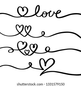 Set of hearts drawn with line and isolated on background. Can be used for greeting cards, posters, or other elements. Vector Illustration EPS