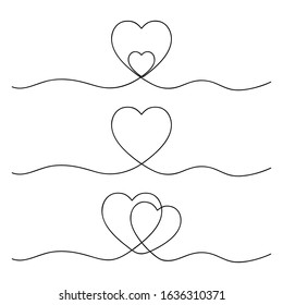Set of hearts drawn in one continuous line. Concept of love. Vector.
