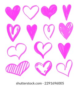 Conjunto de corazones dibujados con marcador de resaltado rosa. Forma cardíaca pintada con un marcador aislado sobre fondo blanco. Ilustración vectorial. 