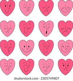 Conjunto de corazones con caras y diversas emociones. Conjunto de iconos abstractos de estado de ánimo vectorial. 