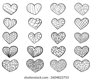 set of hearts with fantasy doodle patterns, outline symbols of love for design or creativity vector illustration for Valentine's Day