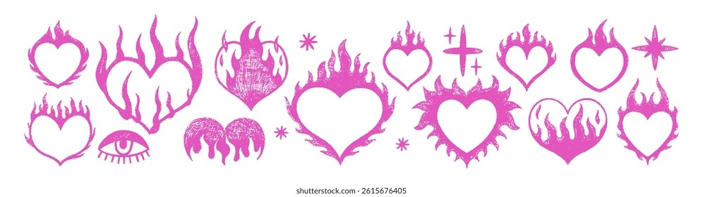 Set of hearts with flames with crayon, pastel or chalk texture. Y2k grunge doodle design for tattoo. Pink vector illustration on a white background.