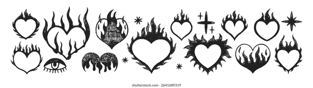 Conjunto de corações com chamas com textura de giz de cera, pastel ou giz. Projeto de Y2k grunge doodle para tatuagem. Ilustração de vetor preto em um fundo branco.