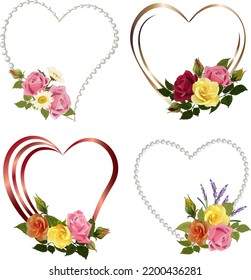 Conjunto de corazones con decoración floral.Conjunto vectorial de corazones con ramos de flores en la decoración.