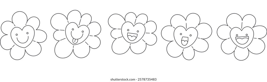 Set of hearts flowers characters in doodle groovy style. Element for stickers icons decoration postcards poster print background backdrop wrapping wallpaper banner