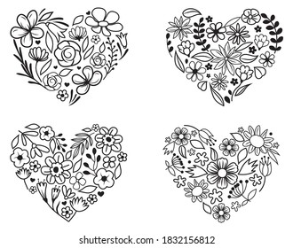 Set of hearts with flowers. Collection of hearts in flower icon. Love symbol. Vector illustration for Valentine's Day.