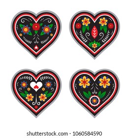 Set of hearts with flowers and leaves in vintage style. Good for invitation, wedding, flyer, card. Decorative element for halloween, day of the dead.