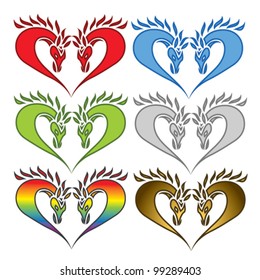 Set of hearts formed from horse heads - vector illustration