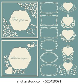 Set hearts and frames of different shapes. Decorative frame cut paper. Vector illustration.