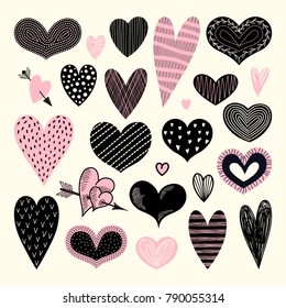 Set with hearts. Freehand drawing. Can be used for scrapbook, postcards, print, etc.