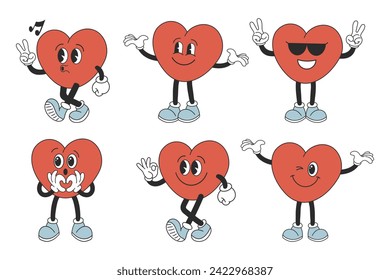 Set of hearts of funny cartoon characters in different poses. Cartoon heart mascots. Fashionable emoticons in retro style. Vector