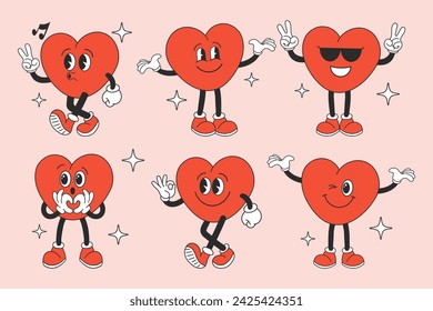 Set of hearts of funny cartoon characters in different poses. Cartoon heart mascots. Fashionable emoticons in retro style. Vector