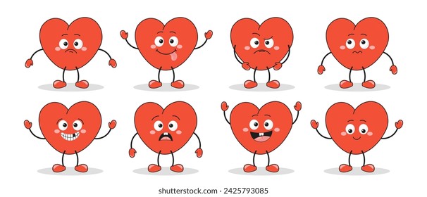Set of hearts of funny cartoon characters with different emotions. Cartoon heart mascots. Fashionable emoticons in retro style. Vector