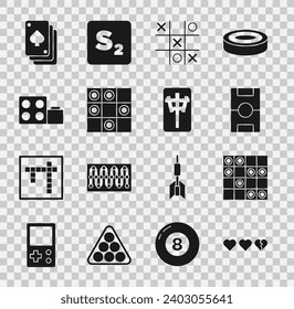 Set Hearts for game, Board of checkers, Hockey table, Tic tac toe, Toy building block bricks, Playing cards and Mahjong pieces icon. Vector