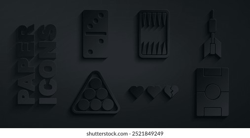 Set Hearts for game, Dart arrow, Billiard balls in triangle, Hockey table, Backgammon board and Domino icon. Vector