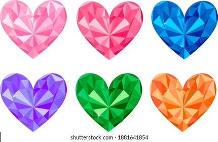 Set hearts gemstone diamonds vector illustration