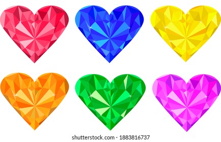 Set hearts gemstone diamonds vector illustration
