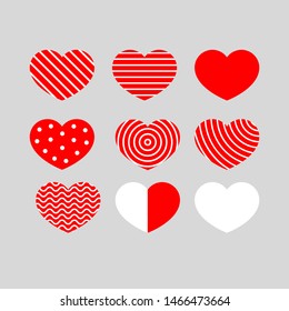 Set of hearts with geometric pattern, collection of vector hearts, graphic design elements for decor, print.