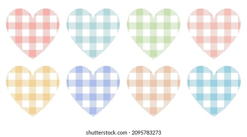 Conjunto de corazones con un patrón de gingham en colores pastel - rosa, rojo, naranja, amarillo, azul, verde, marrón. Ilustraciones vectoriales lindas de yeso para la decoración de tela y papel de envoltura para el día de San Valentín y bi
