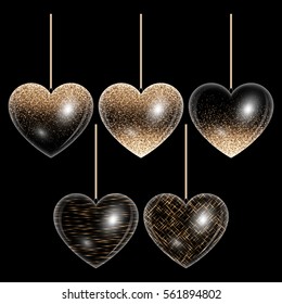 Set of hearts in gold style for decorating romantic greetings.