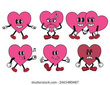 set of hearts in groovy hippie style. Heart funny cartoon character different pose. Happy valentine's day concept. vector illustration.