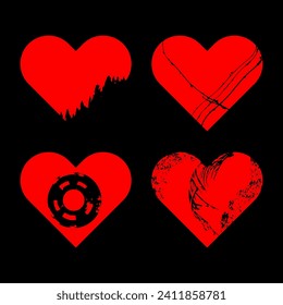 Set of hearts with grunge texture.Template for Valentine's Day, Weddings, Birthday, Mother's Day, Women's Day. Isolated on black background. Vector.