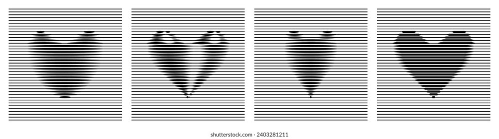 Un conjunto de corazones con efecto holograma de líneas de medio tono. Resumen de ilustración vectorial minimalista en el estilo Y2K del año 2000. Un símbolo de amor.