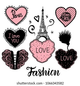 Set of hearts hand draw and the Eiffel tower. Vector illustration isolated on white background.