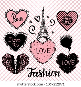 Set of hearts hand draw and the Eiffel tower. Vector illustration isolated on white background. Pink fishnet tights seamless pattern.