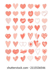 Establece la ilustración vectorial dibujada a mano en corazones. Una gran colección delicada de bonitos corazones decorados. Elementos románticos para postales, amor de símbolo