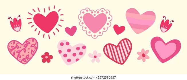 Set of hearts. Hand-drawn illustration with hearts. Elements for postcards, greetings, posters, printing on paper and fabric. A symbol of love for Valentine's Day. Collection of cute vector hearts.