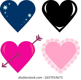 Conjunto de corações, silhueta do coração, ícone vetorial com estrelas. Símbolo de amor para o dia dos namorados. Ilustração vetorial.