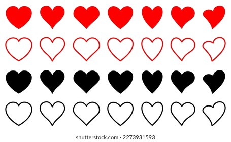 Set of hearts icon, collection heart variations signs red and black- stock vector