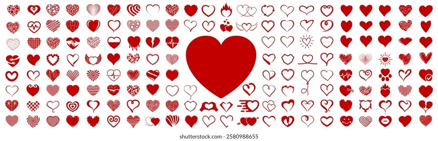 Set of hearts icon, heart drawn hand collection, line and solid hearts