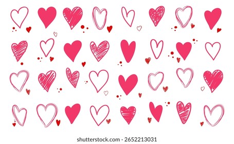 Set of hearts icon, heart drawn hand - stock vector