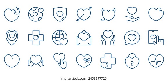 Conjunto de iconos de corazones. Vector Colección de signo de corazón - para el tema de amor, romance, amistad y Asistencia. Corazones con cuernos, flechas, en sobre, regalo, con planeta, cruz, escudo, 