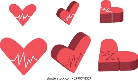 set of hearts icons with cardiogram graph on white background