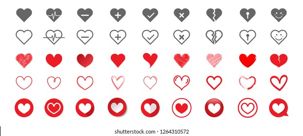 Set of hearts icons in different styles. Big collection symbol of heart. Vector illustration.