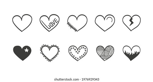 Set of hearts icons. Hearts doodles set. Hand drawn hearts collection. Vector illustration