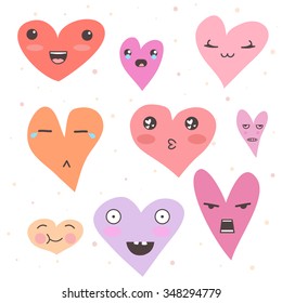 Set of hearts icons with emotions