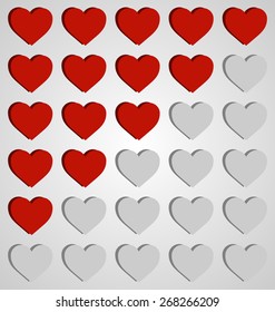 Set of hearts icons for games, applications, web design. Shows the state of health of the character or number of lives. Can be used as background for romantic cards. Vector illustration.
