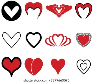 Set of hearts icons. Red Heart Shapes. Vector illustration Design Elements Set.