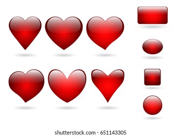 Set of hearts icons with shadow for romantic decoration on a white background. Vector illustration.